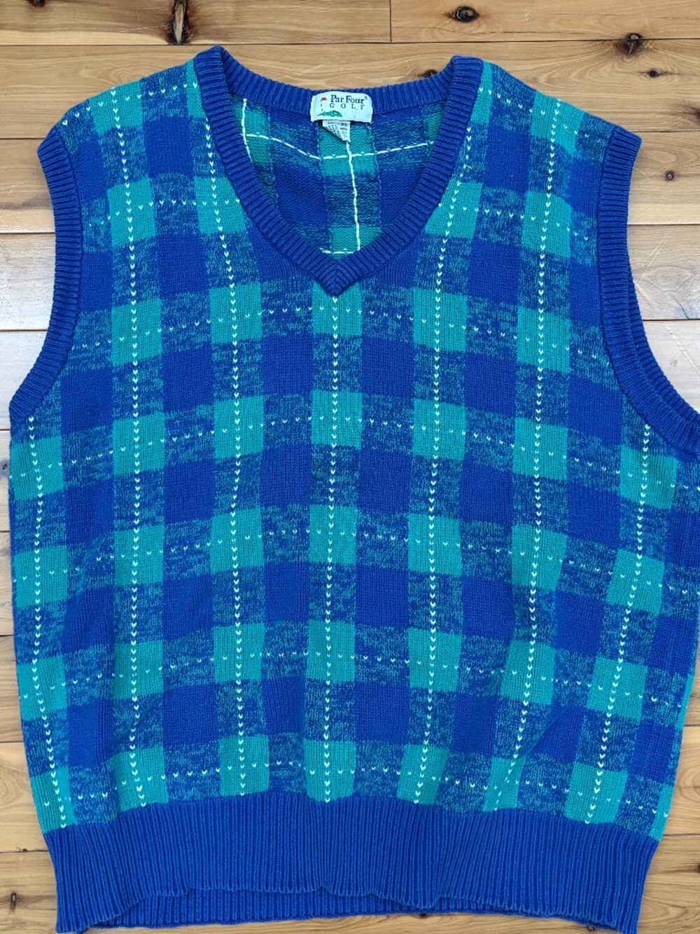 Vintage 90s Par Four Golf Plaid Cotton Knit V-Neck Sweater Vest Blue Teal XL